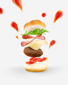 Fotografía creativa de ingredientes flotando en capas.